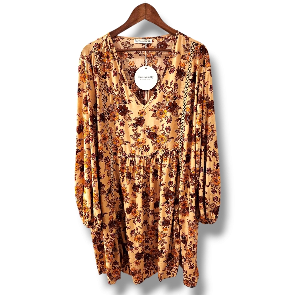 Rusttydustty Boho Floral Print Smock Long Sleeve Dress | 3X